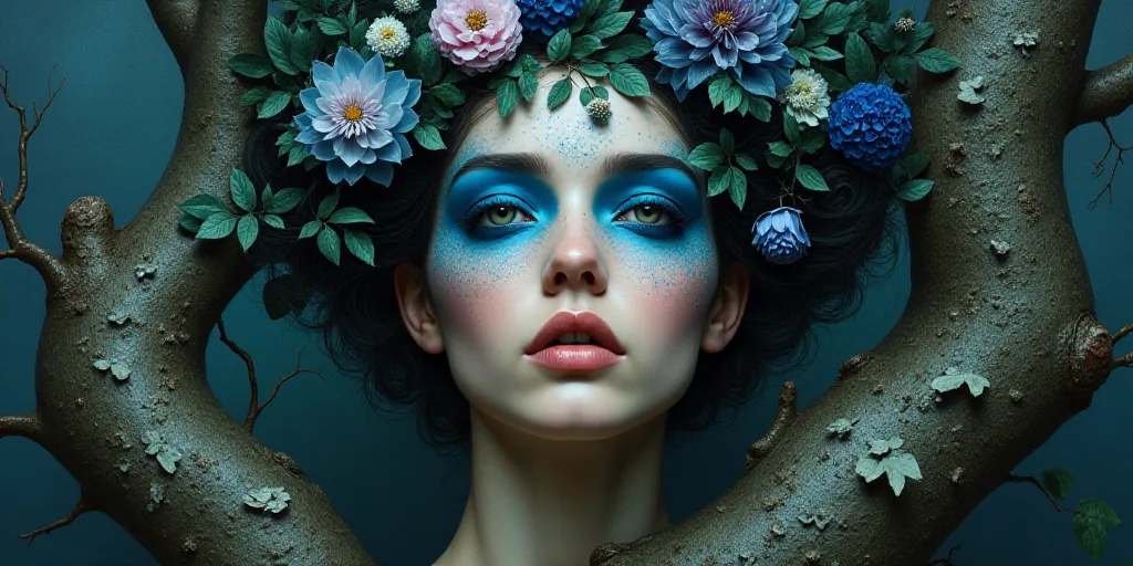 a woman with blue makeup and flowers on her head and face, surrounded by leaves and flowers, is surr
