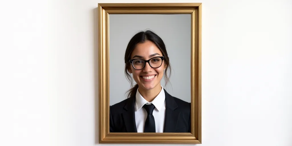 a woman with glasses and a tie on smiling for a picture in a picture frame with a white background,