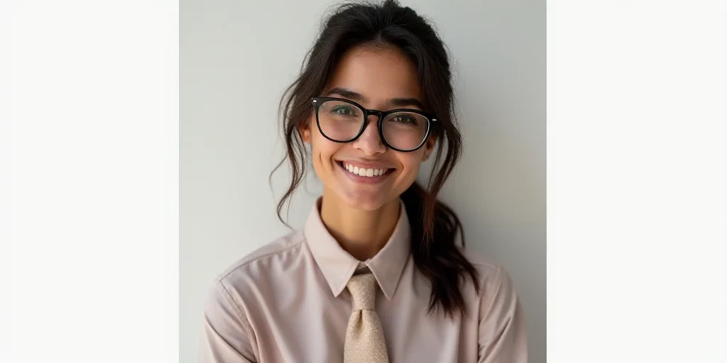 a woman with glasses and a tie on smiling for a picture in a picture frame with a white background,