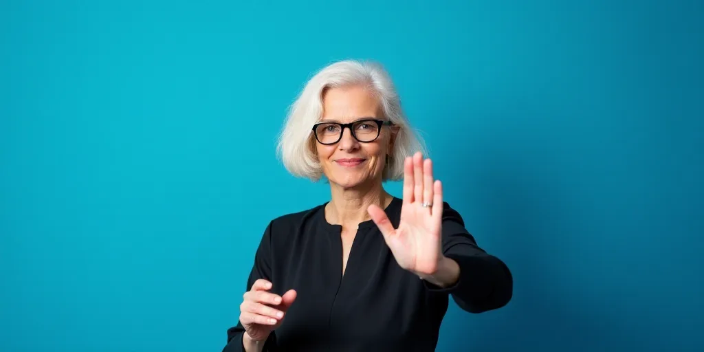 a woman with glasses is making a gesture with her hand and a blue background behind her is a blue ba