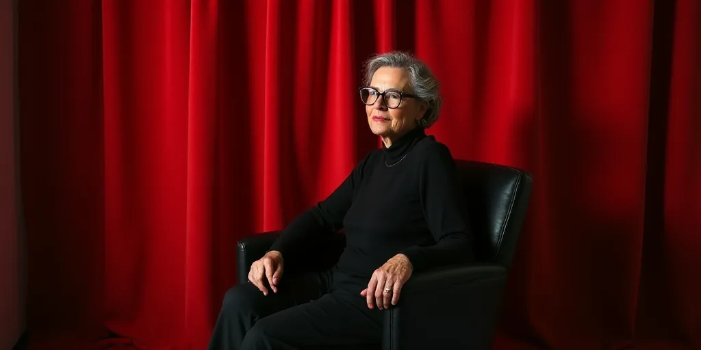 a woman with glasses sitting in a chair with a red curtain behind her and a black chair with a red c