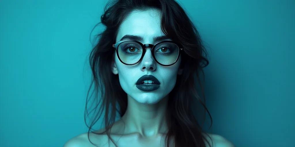 a woman with glasses standing in front of a blue background with a black and white photo of her face