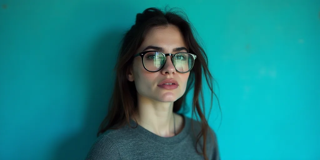 a woman with glasses standing in front of a blue background with a black and white photo of her face