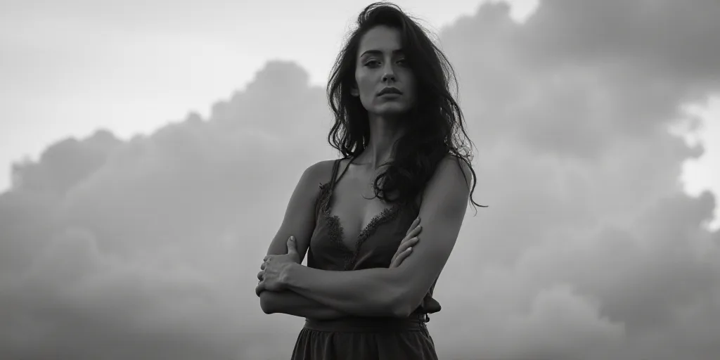 a woman with her arms crossed posing for a picture in a black and white photo with a cloudy sky in t