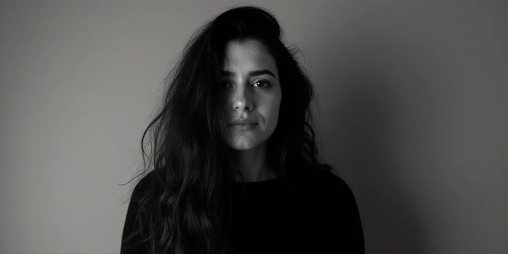 a woman with long hair and a black and white photo on a black and white background with the words op