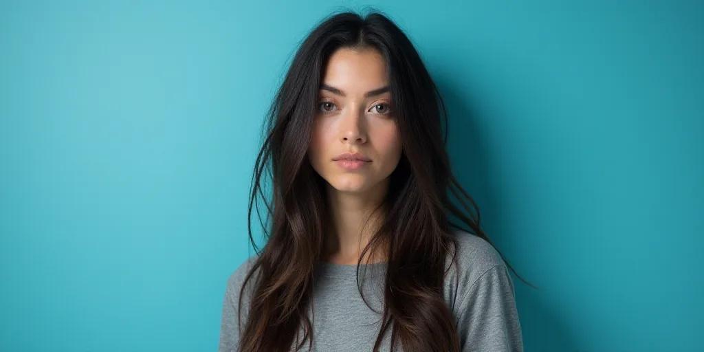a woman with long hair and a gray shirt is standing in front of a blue background with a black and w