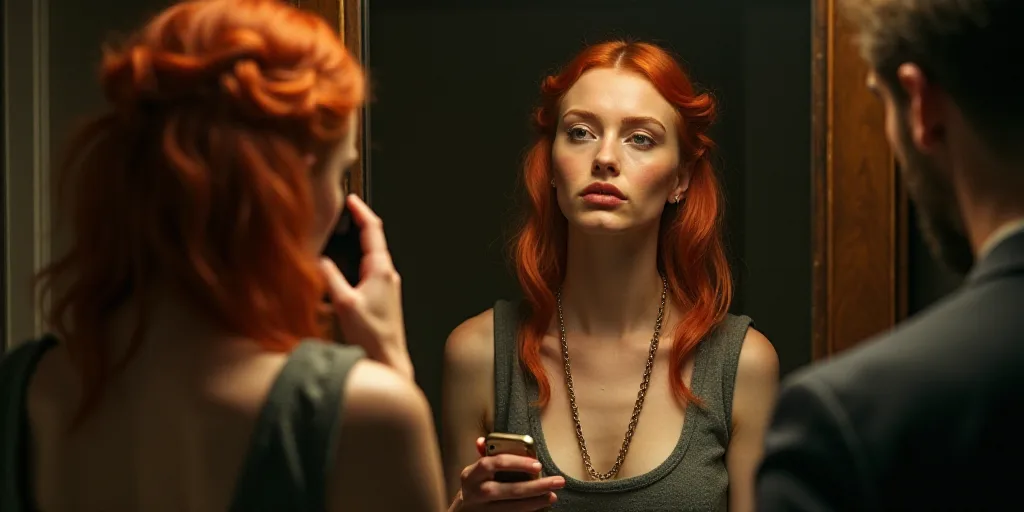 a woman with red hair is holding a cell phone and looking at her reflection in the mirror while a ma