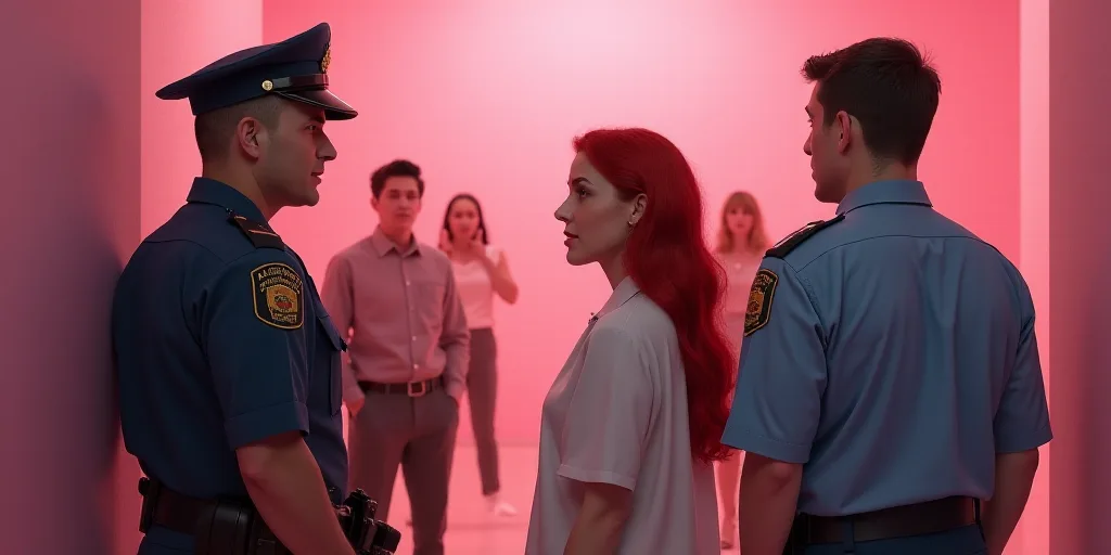 a woman with red hair talking to a police officer in a pink room with other people around her and a