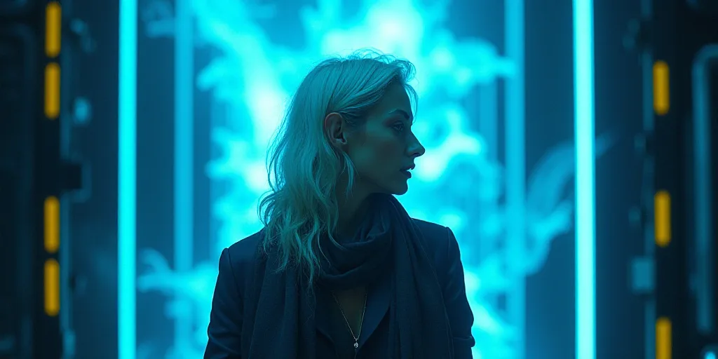 a woman with white hair and a scarf around her neck is standing in front of a blue background with a