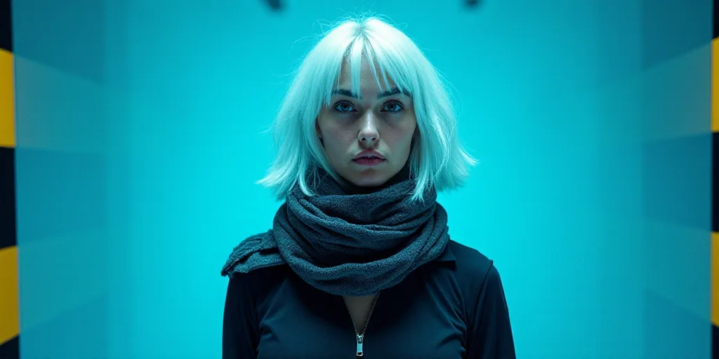 a woman with white hair and a scarf around her neck is standing in front of a blue background with a