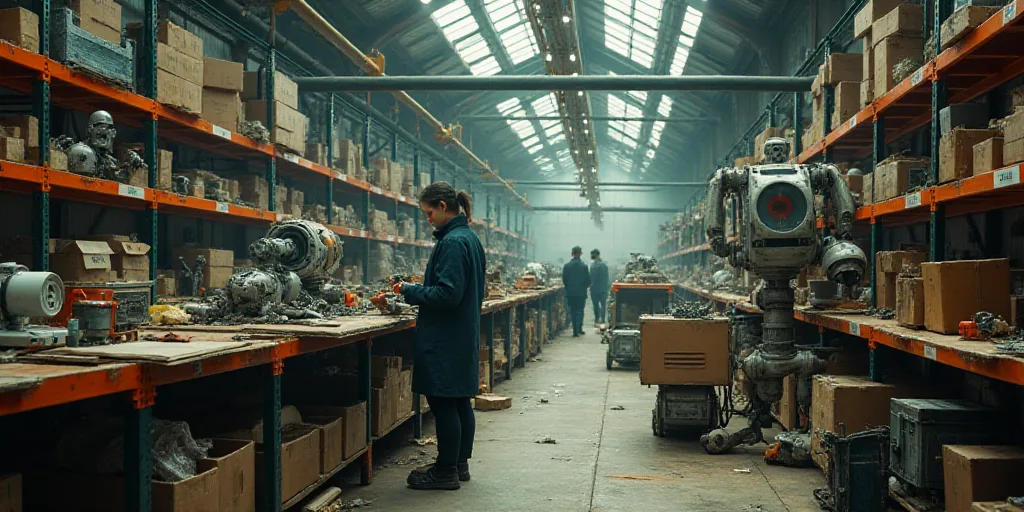 a woman working in a factory with lots of shelves and tools on the shelves and people working on the