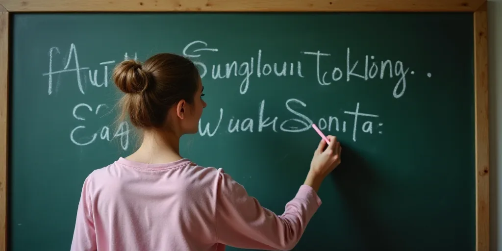 a woman writing english on a blackboard with chalk writing on it and writing english lesson on it wi
