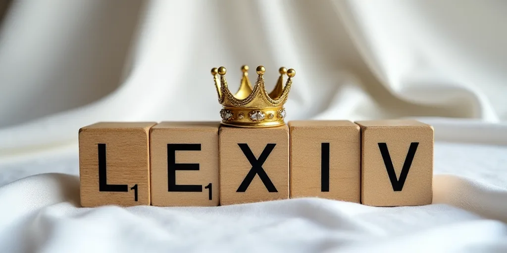 a wooden block spelling the word leoxiv with a white cloth in the background and a gold crown on top