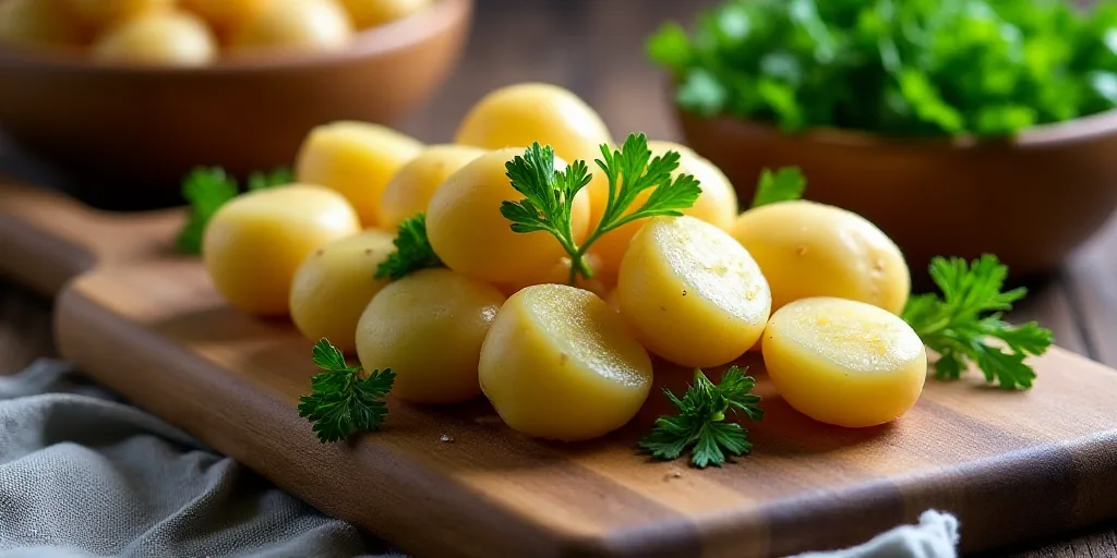 a wooden cutting board topped with potatoes and parsley next to a bowl of potatoes and a bowl of par