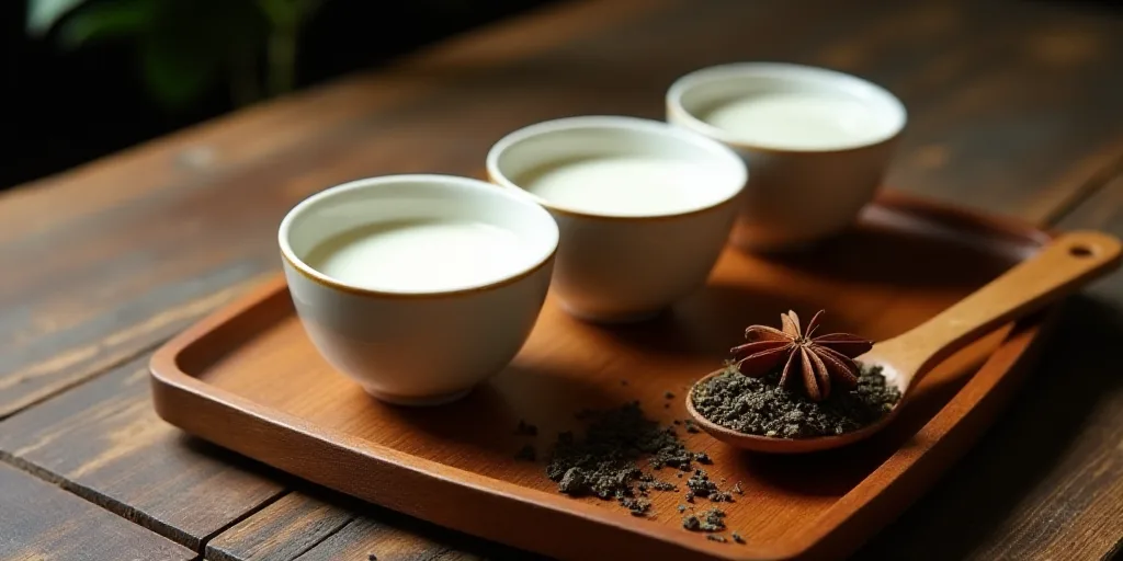 a wooden tray topped with three cups of milk and a spoon filled with tea leaves and star anise, Cao