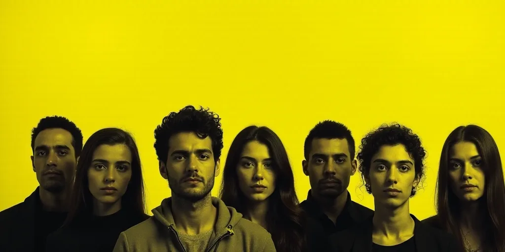 a yellow and black photo of a group of people with faces on them, and the words economia sin monoton