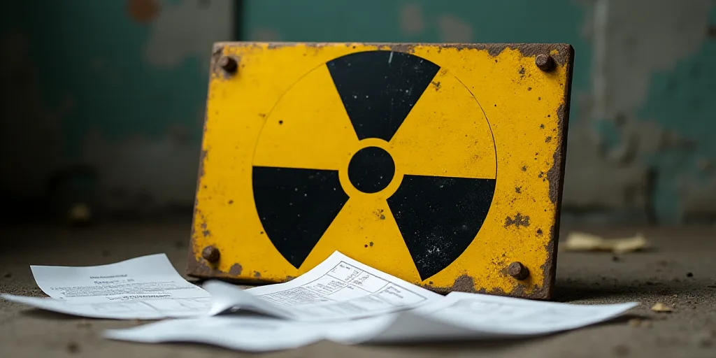 a yellow and black sign with a radioactive symbol on it and some papers scattered around it on the g