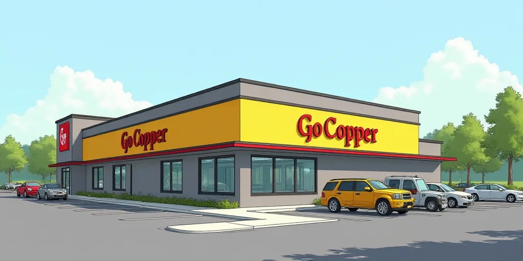 a yellow and gray building with a sign that says go copper on it's side and a parking lot in front o