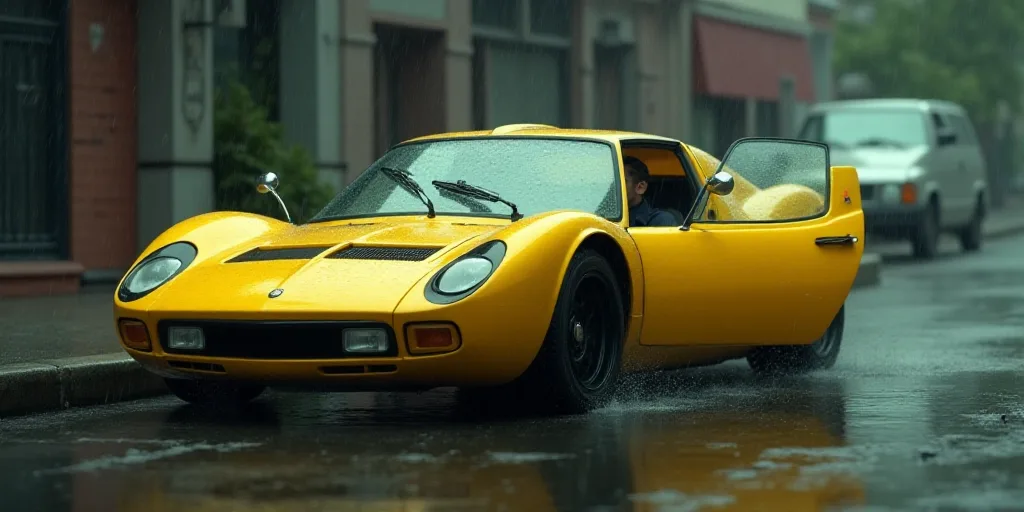 a yellow car is parked on the side of the street in the rain, with the door open and the driver insi