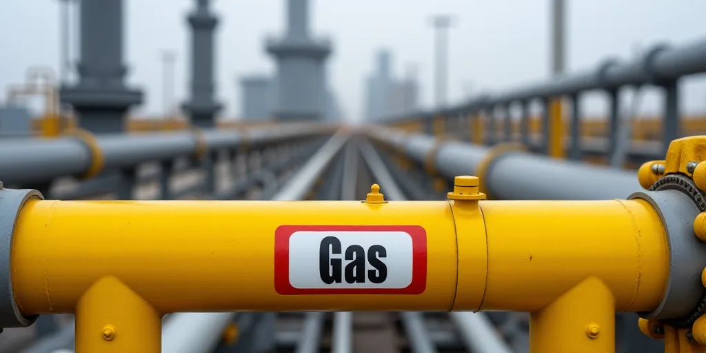 a yellow pipe is in front of a gas plant with pipes and pipes on it's sides and a red and white sign