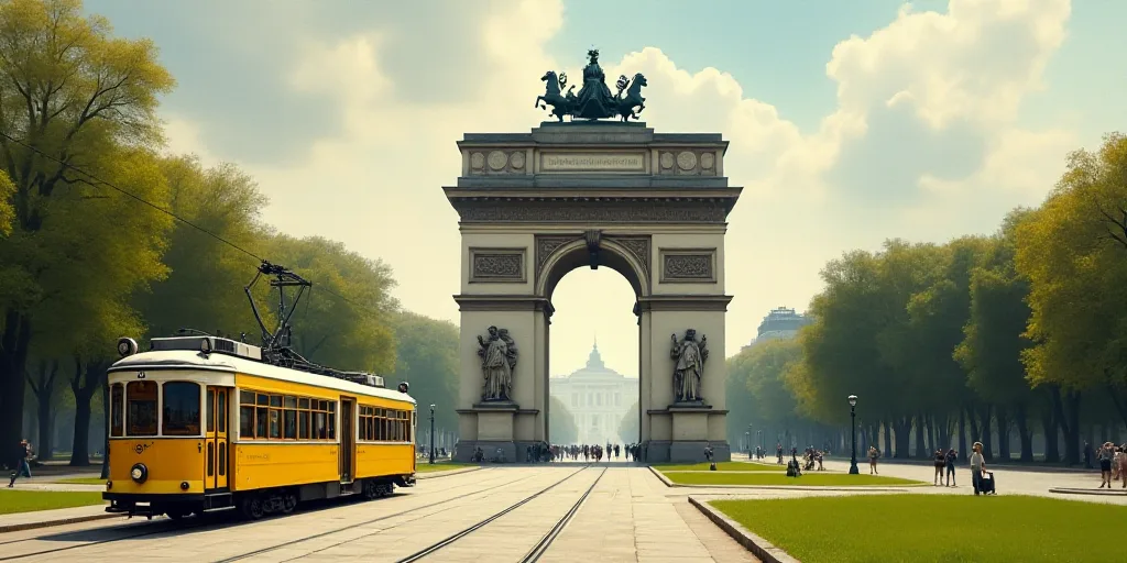 a yellow trolley car traveling past a tall arch in a city park with a statue on top of it, Florence