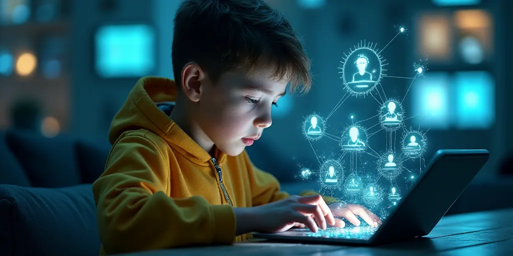 a young boy is playing with a tablet computer and surrounded by icons of various people and symbols