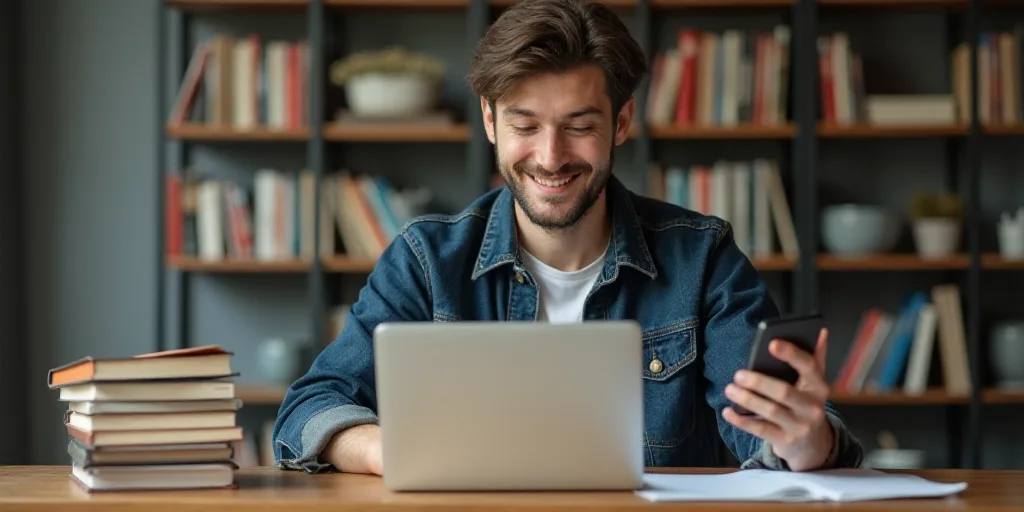 a young man sitting at a desk with a laptop and a cell phone in his hand and a stack of books behind