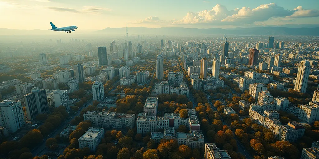 an aerial view of a city with a lot of buildings and trees in it, and a plane flying over it, Dahlov