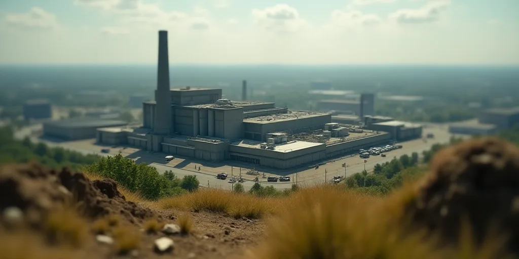 an aerial view of a factory building in a city with lots of dirt and grass in the foreground, Enguer