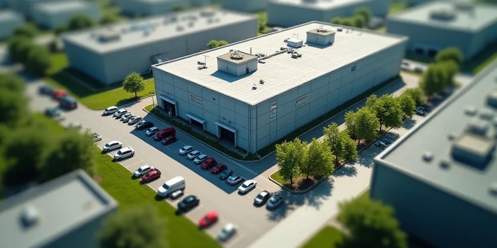 an aerial view of a factory building and surrounding buildings with a parking lot and a parking lot