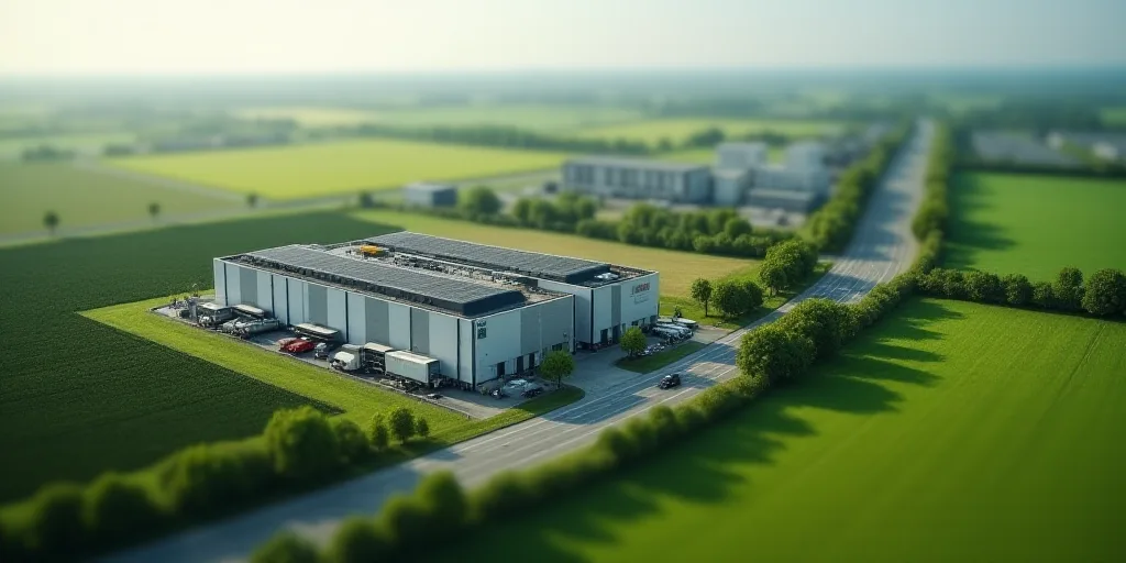 an aerial view of a factory building and a road in the foreground with a green field in the backgrou