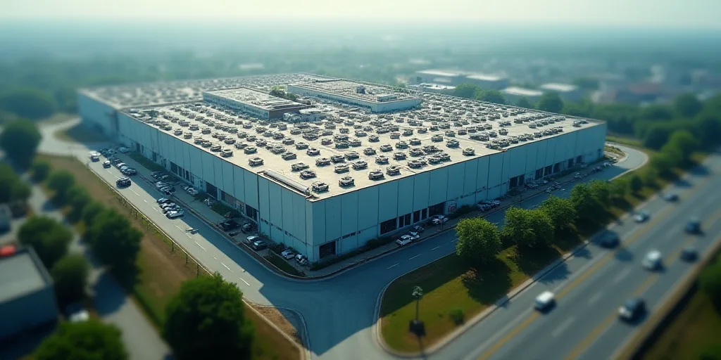 an aerial view of a large industrial building with many windows and doors on the roof of it, surroun