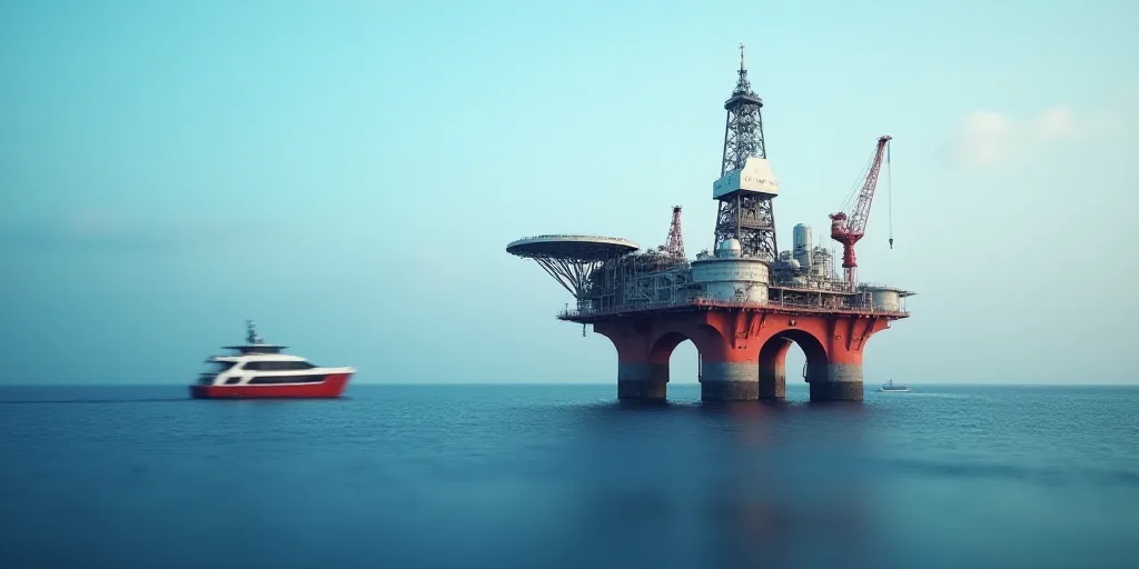 an oil rig in the middle of the ocean with a boat in the background and a boat in the water, Bascove