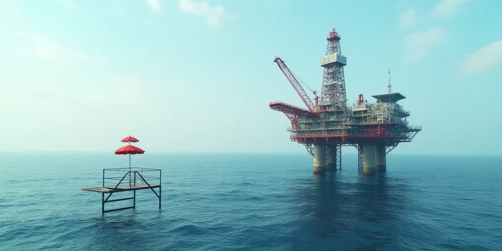 an oil rig in the middle of the ocean with a red umbrella on top of it and a red umbrella on the pla