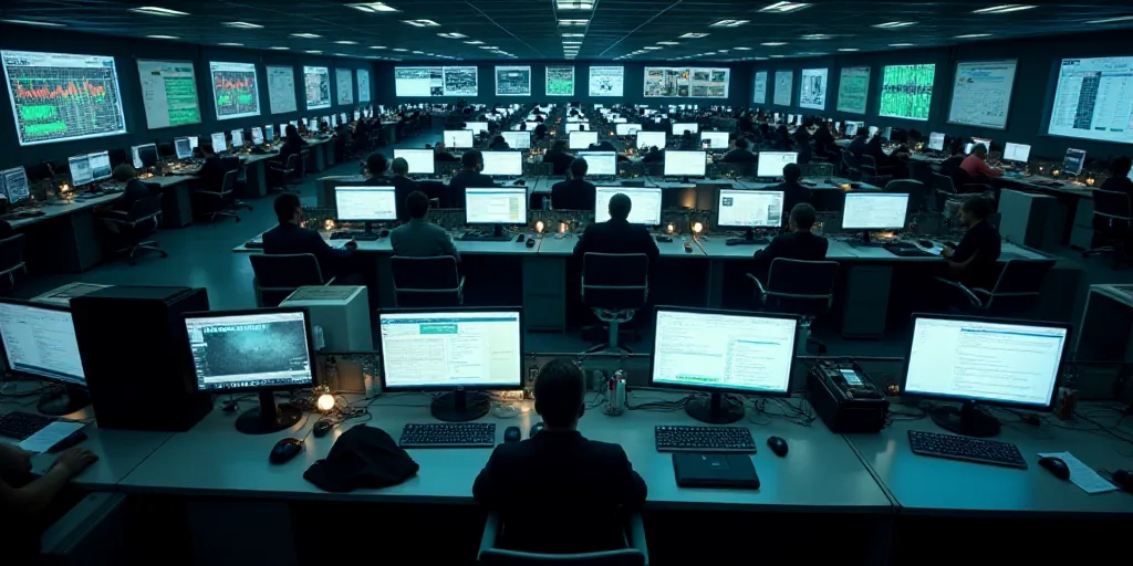 an overhead view of a stock market with a lot of monitors and people working on computers in the bac