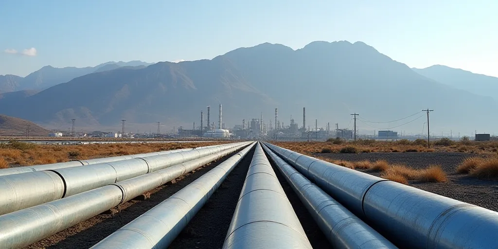 pipes are lined up in a large industrial area with a mountain in the background in the distance, wit