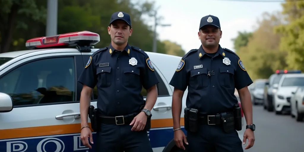 police officers standing next to a police car with a police tape on it's side and a police car behin