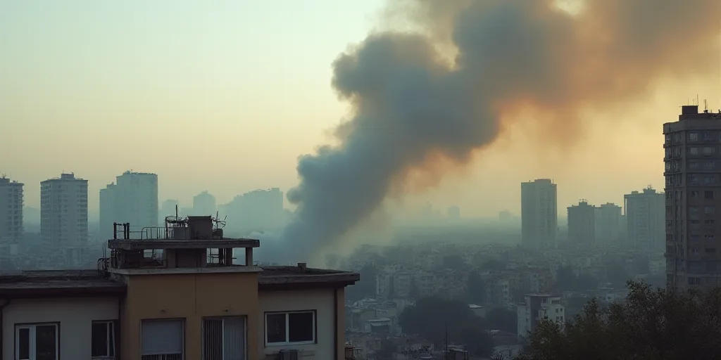 smoke billows from a building in a residential area of a city, with apartment buildings in the backg