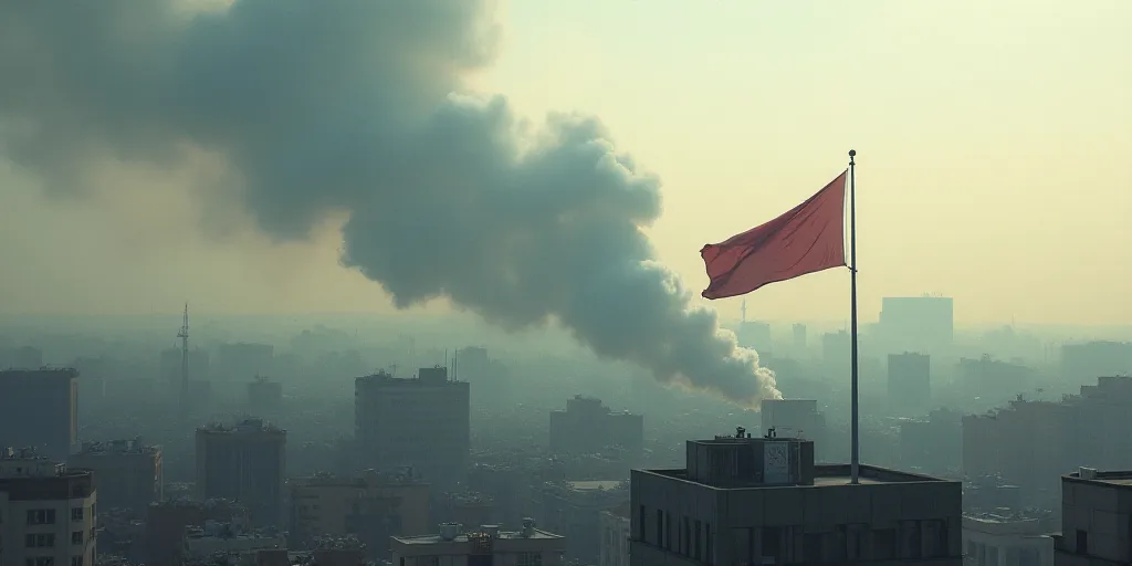 smoke billows from a building in the city of a city with a flag flying in front of it, Abdullah Gër