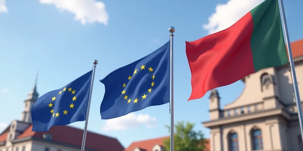 three european flags flying in front of a building with a blue sky in the background and a few other