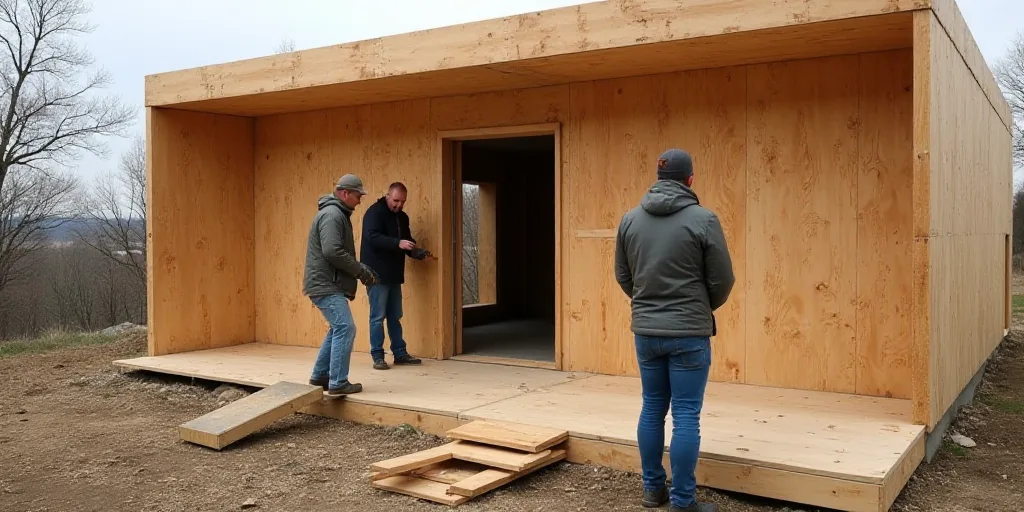 three men are working on a construction project outside of a building that is being built with wood