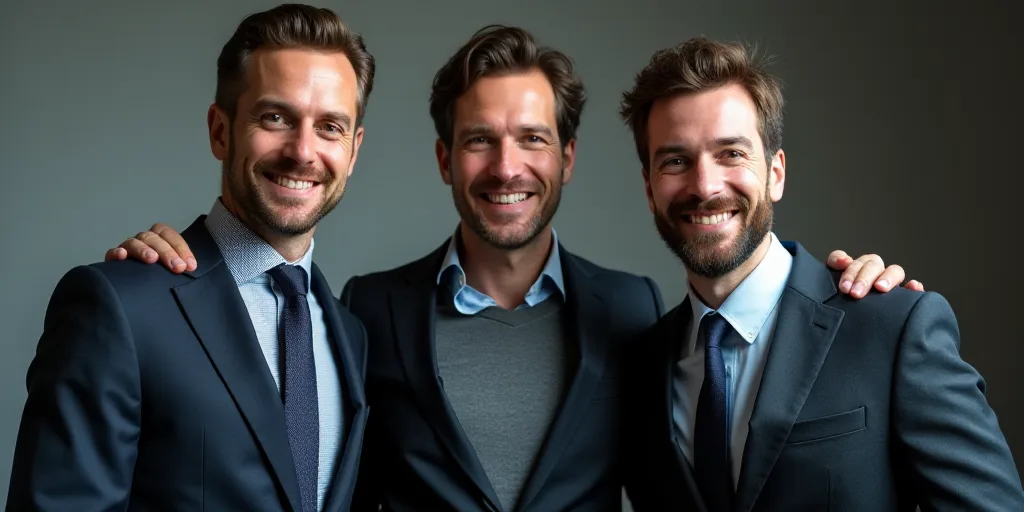 three men in suits and ties are smiling for the camera, one is wearing a sweater and the other is we