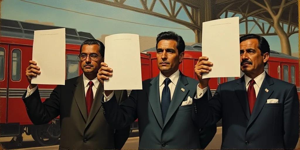 three men in suits and ties holding up papers in front of a painting of a train station with a train