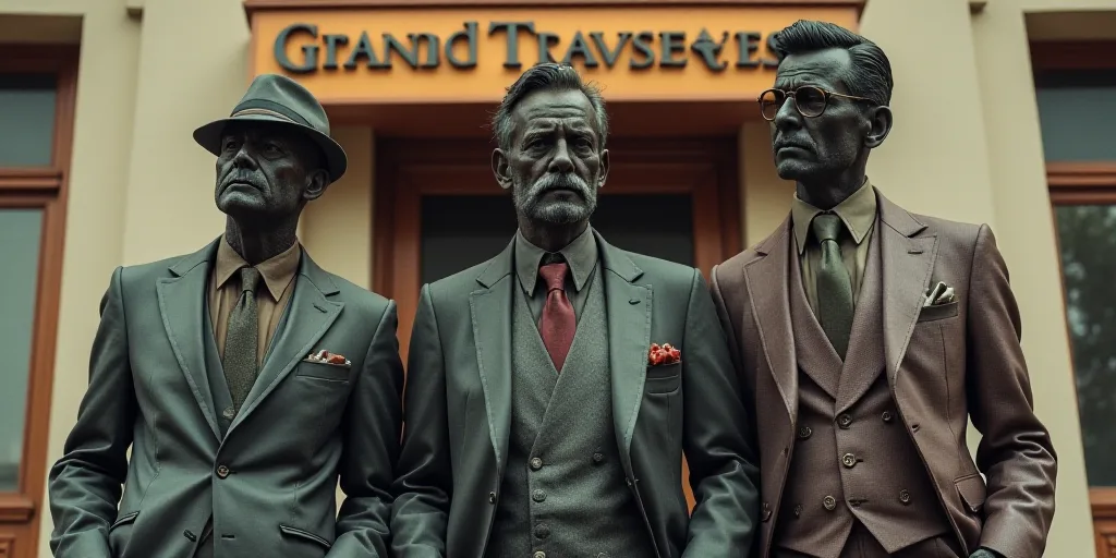 three men in suits standing in front of a building with a sign that says grand traverses on it, Bour