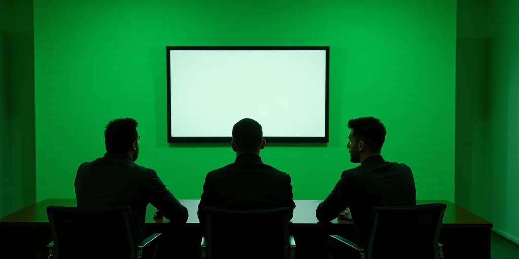 three men sitting at a table in front of a large screen tv in a room with a green wall, Andries Stoc