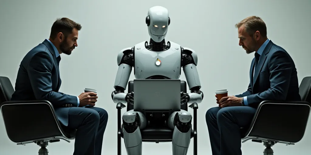 three men sitting in chairs with a robot in front of them and a laptop in front of them, both of the
