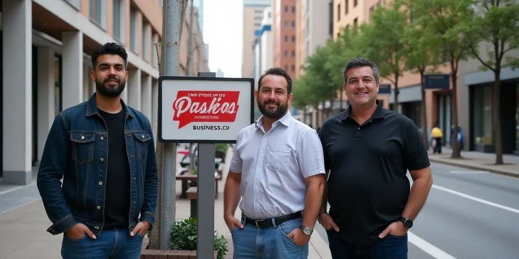 three men standing next to a sign for a business center in a city with a sign that says prima prima