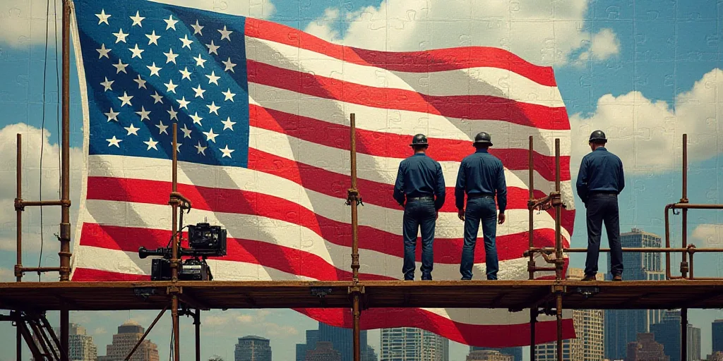 three men standing on a scaffolding with american flags in the background and a camera in the foregr