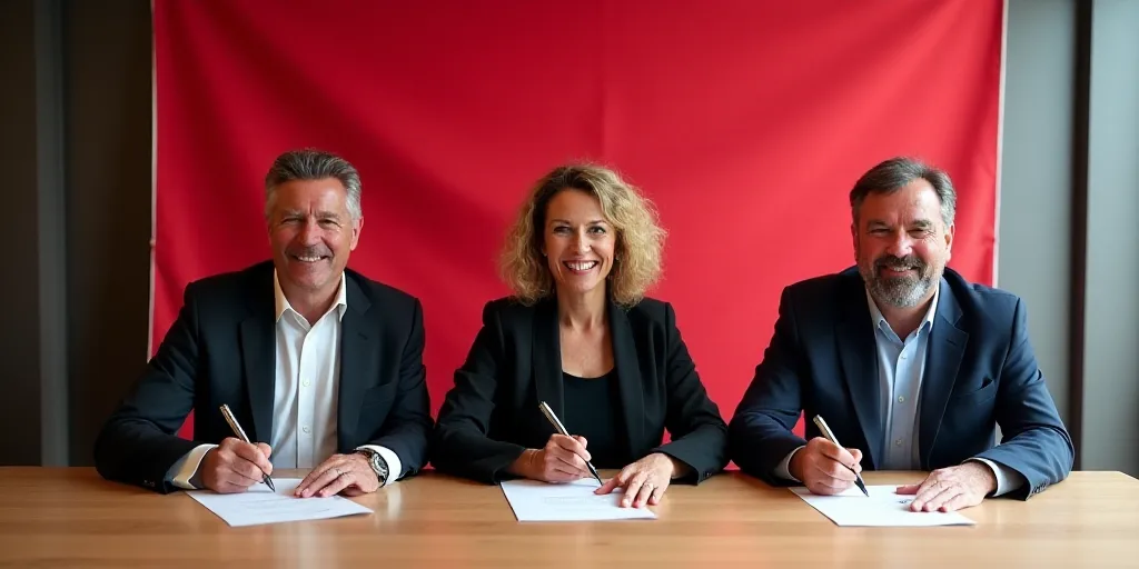 three people sitting at a table signing papers and smiling at the camera with a red banner behind th
