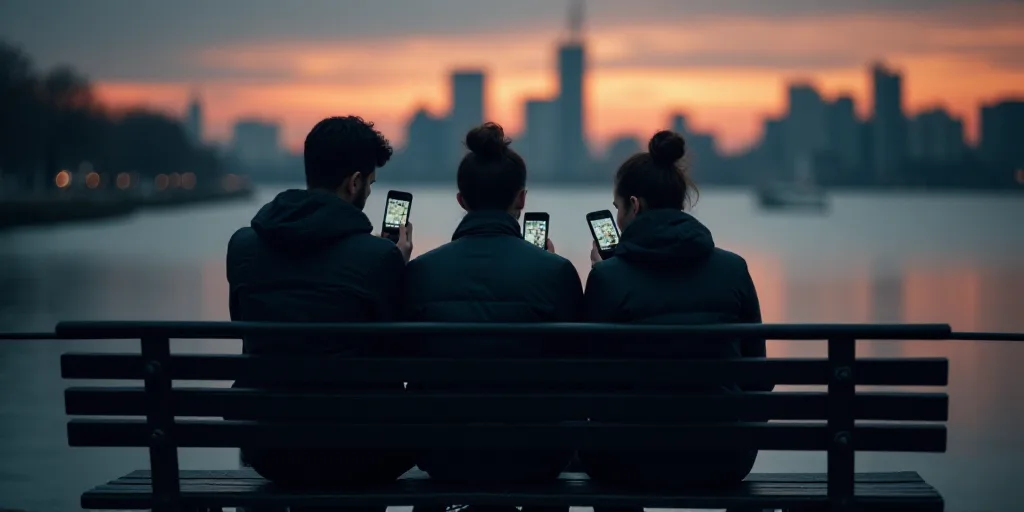 three people sitting on a bench looking at their cell phones while they are looking at their phones